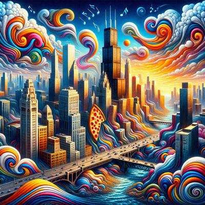 The primary subject of the image is a colorful cityscape with a bridge and a tall building. The setting is a vibrant, artistic representation of a city, possibly a digital art or illustration. The visual style is creative and imaginative, with a focus on color and detail. The dominant colors are bright and lively, creating a cheerful and energetic atmosphere.